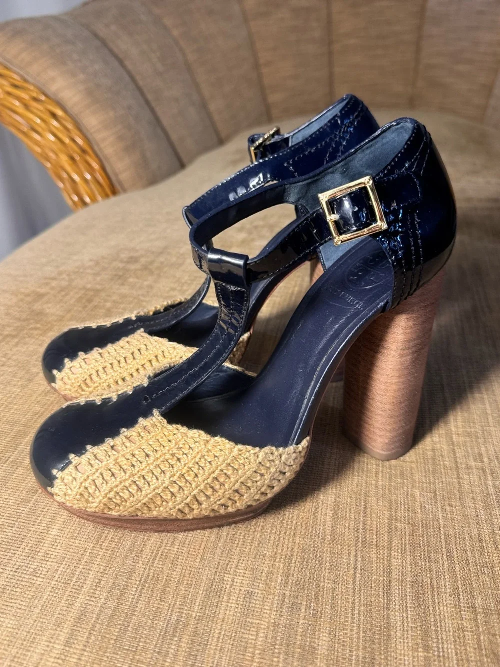 Tory Burch Navy Patent Leather Raffia T Strap Heels